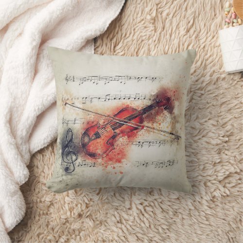 Rust Cream Black Watercolor Violin Sheet Music Throw Pillow