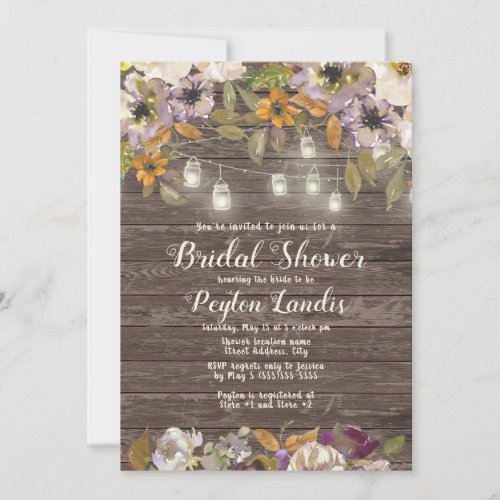 Rust Cream Floral Wood String Lights Bridal Shower Invitation