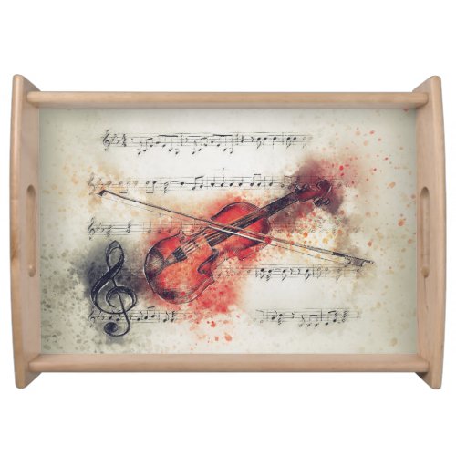 Rust Cream Watercolor Violin Sheet Music Serving Tray