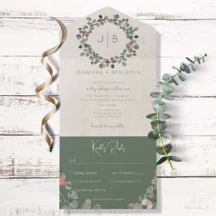 Rust & Dark Sage Green Eucalyptus Modern Dinner All In One Invitation