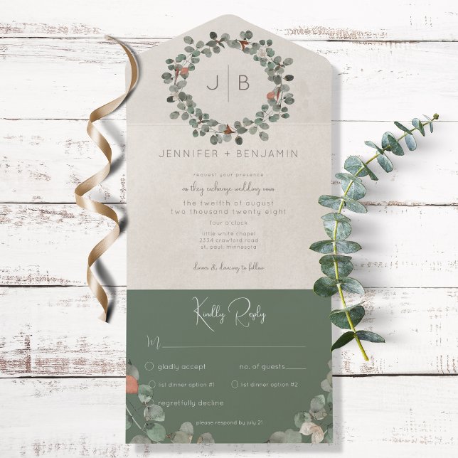 Rust & Dark Sage Green Eucalyptus Modern Dinner All In One Invitation (Creator Uploaded)