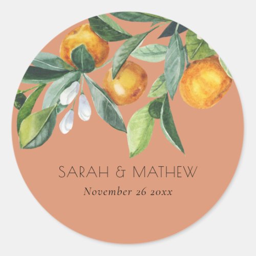 Rust Elegant Citrus Orange Botanical Boho Wedding Classic Round Sticker