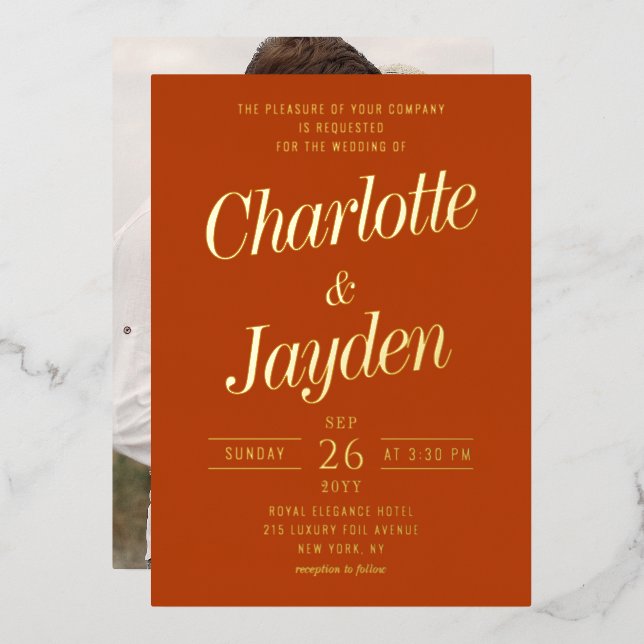 Rust Elegant Foil Script Photo Wedding Foil Invitation (Front/Back)