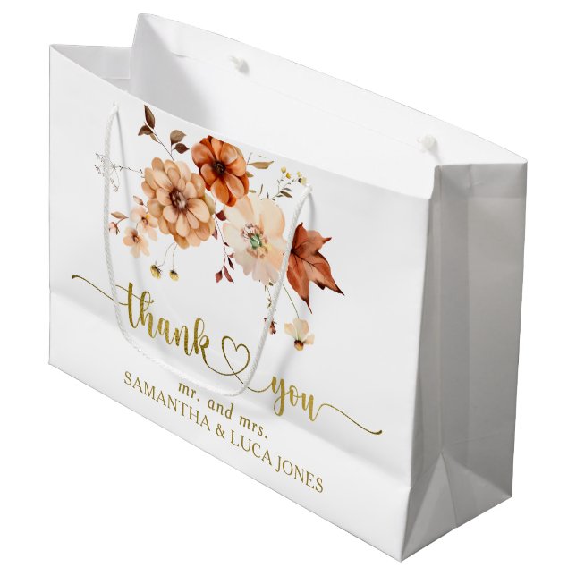 Rust Fall in Love Gold Foil Cream Wedding Favor Large Gift Bag (Front Angled)