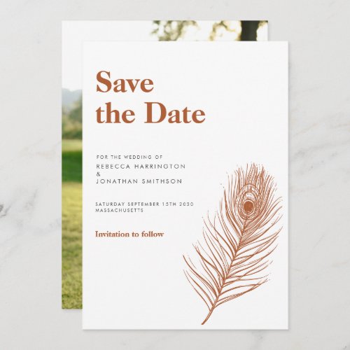 Rust Feather Terracotta Wedding Save The Date Invitation