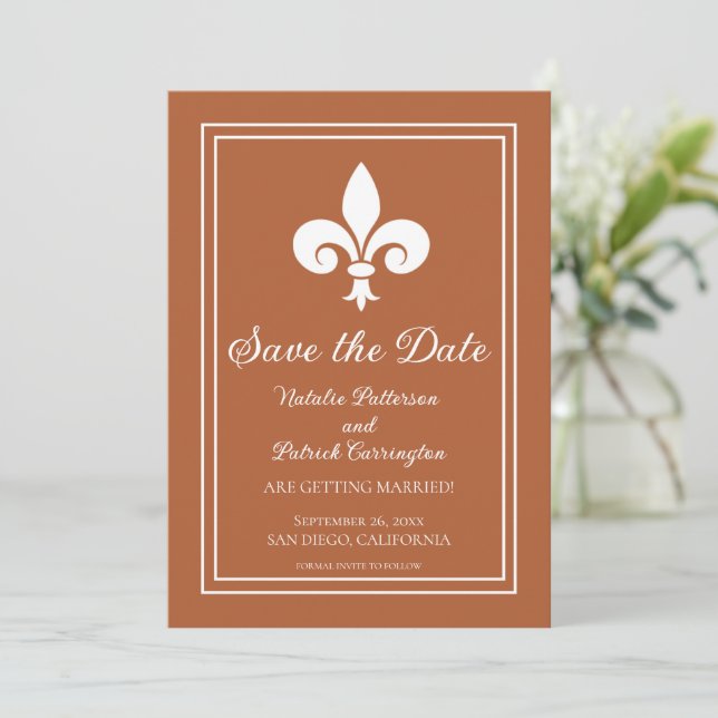 Rust Fleur de Lis Save the Date Invite (Standing Front)