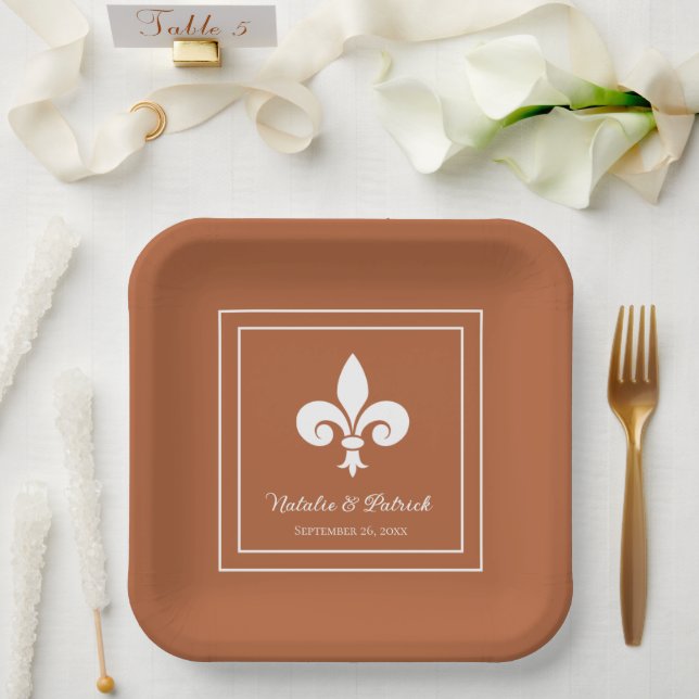 Rust Fleur de Lis Wedding Paper Plates (Wedding)