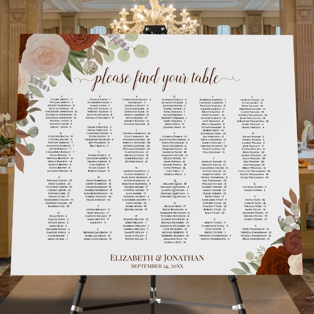 Rust Floral Alphabetical Wedding Seating Chart Foam Board (In Situ on Stand at Reception)