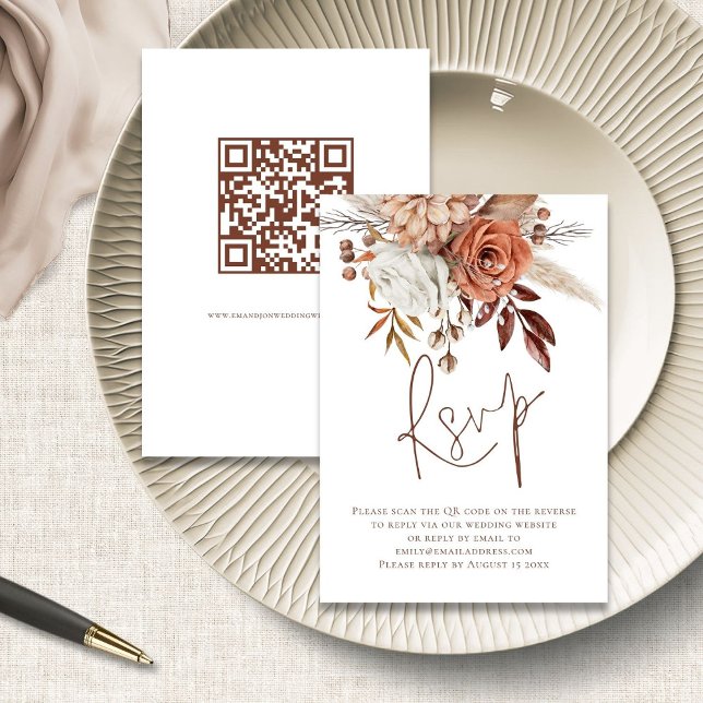 Rust Floral Brown Script QR Code Wedding RSVP card (front and back view)