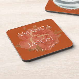 Rust Floral Cute Pretty Terracotta Wedding Party Beverage Coaster