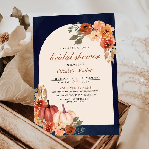 Rust Floral Terracotta Pumpkin Navy Bridal Shower Invitation