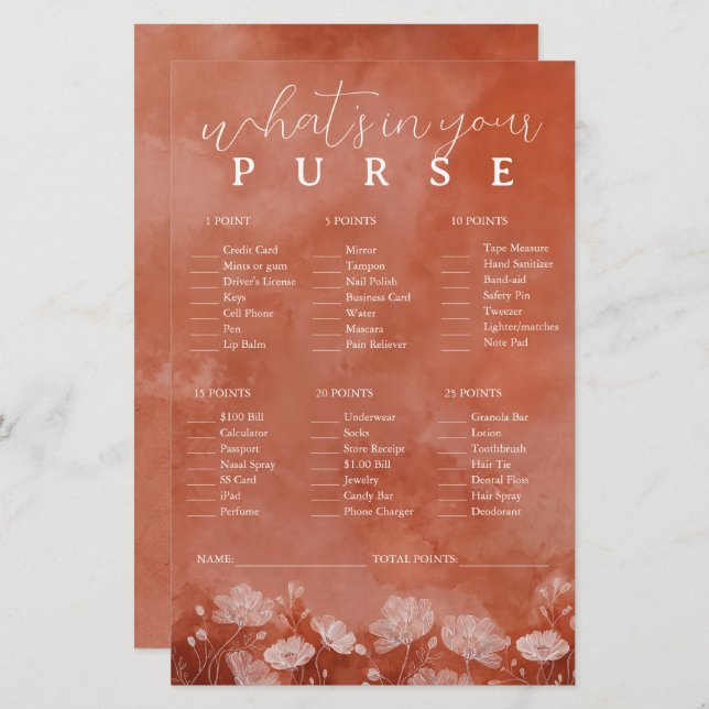 Rust Floral What’s in Your Purse Game (Front/Back)