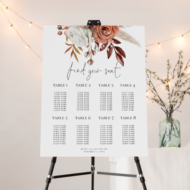 Rust Florals 8 Table Wedding Seating Chart Foam Board (In Situ (Stand))