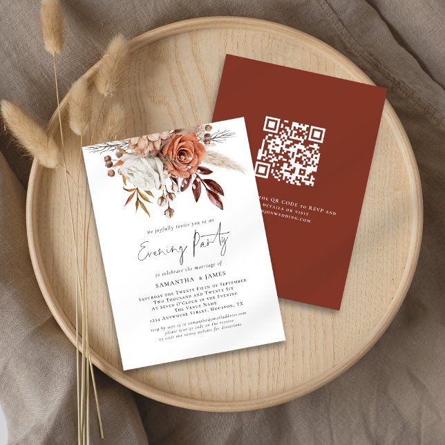 Rust Florals QR Code Wedding Evening Party Invitation (Front and back view)