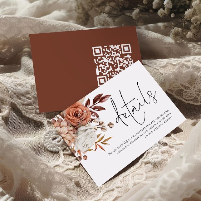 Rust Florals Script QR Code Wedding Details  Enclosure Card (front and back view)