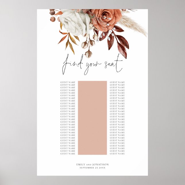 Rust Florals Single Table Wedding Seating Chart (Front)