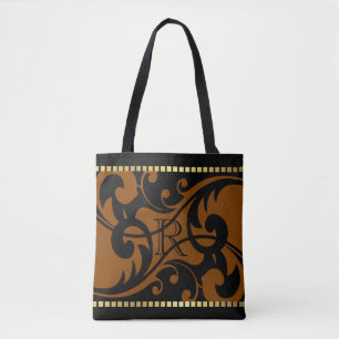 Rust Flourish Design Gold Border w/ Monogram Tote Bag