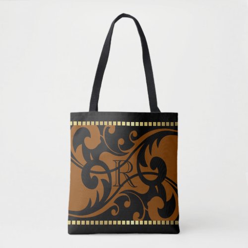Rust Flourish Design Gold Border w Monogram Tote Bag