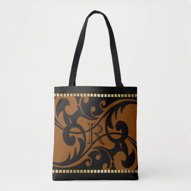 Rust Flourish Design Gold Border w/ Monogram Tote Bag (Front)