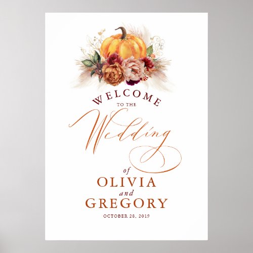 Rust Flowers and Pumpkins Wedding Welcome Poster