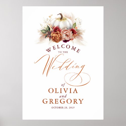 Rust Flowers and Pumpkins Wedding Welcome Poster