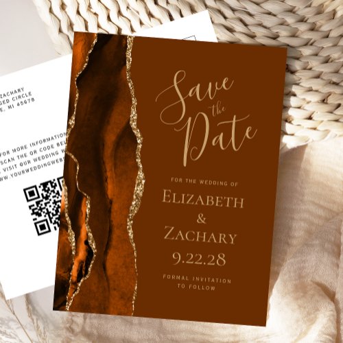 Rust Gold Agate Brown QR Code Save the Date Announcement Postcard