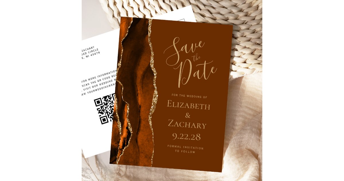 Rusty Gold Code Rust Gold Agate Brown QR Code Save the Date Announcement Postcard | Zazzle