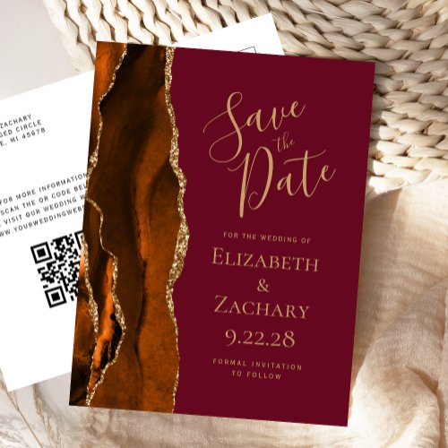 Rust Gold Agate Burgundy QR Code Save the Date Announcement Postcard