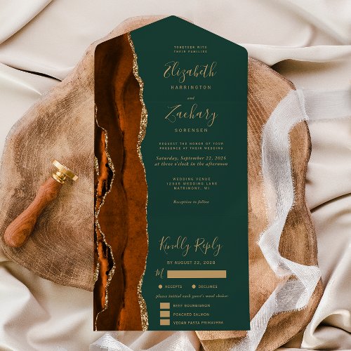 Rust Gold Agate Dark Green Meal Options Wedding All In One Invitation