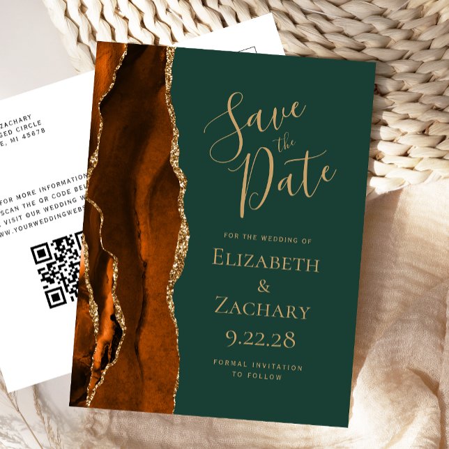 Rust Gold Agate Dark Green QR Code Save the Date Announcement Postcard (Creator Uploaded)