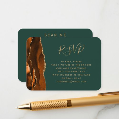 Rust Gold Agate Dark Green Wedding QR Code RSVP  Enclosure Card