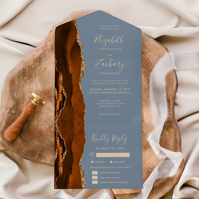 Rust Gold Agate Dusty Blue Meal Options Wedding All In One Invitation (Creator Uploaded)