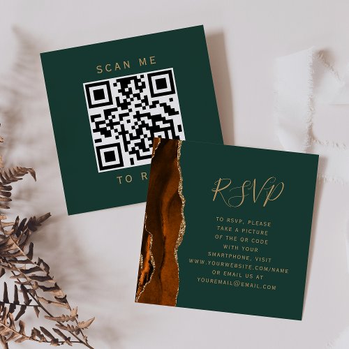 Rust Gold Agate Hunter Green Wedding QR Code RSVP Enclosure Card