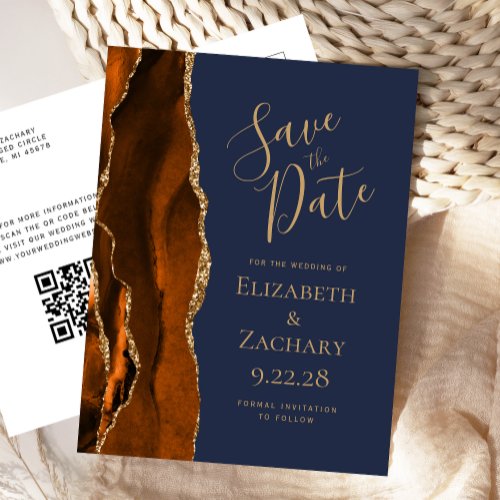 Rust Gold Agate Navy Blue QR Code Save the Date Announcement Postcard