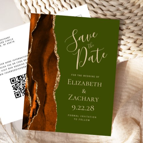Rust Gold Agate Olive Green QR Code Save the Date Announcement Postcard