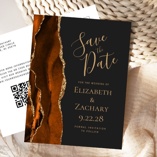 Rust Gold Agate Slate Black QR Code Save the Date Announcement Postcard (Creator Uploaded)