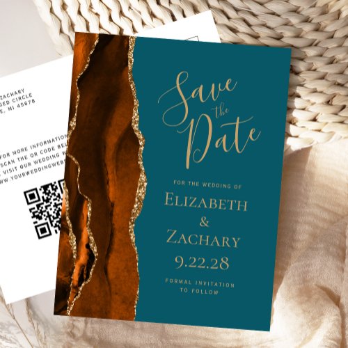 Rust Gold Agate Teal Blue QR Code Save the Date Announcement Postcard