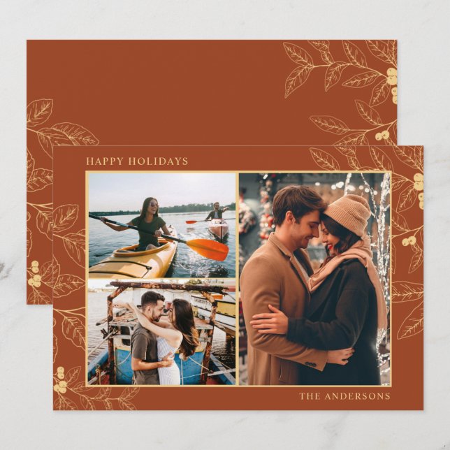 Rust Gold Botanical Three Photo Christmas Holidays (Front/Back)