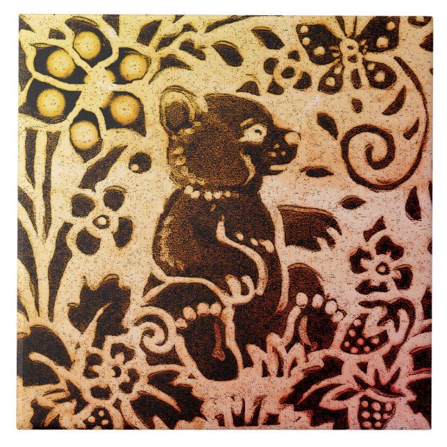 Rust Gold Brown Bear Floral Autumn Leaves Batik Ceramic Tile (Front)