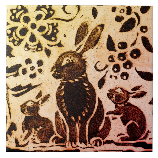 Rust Gold Brown Rabbit Floral Autumn Leaves Batik Ceramic Tile (Front)