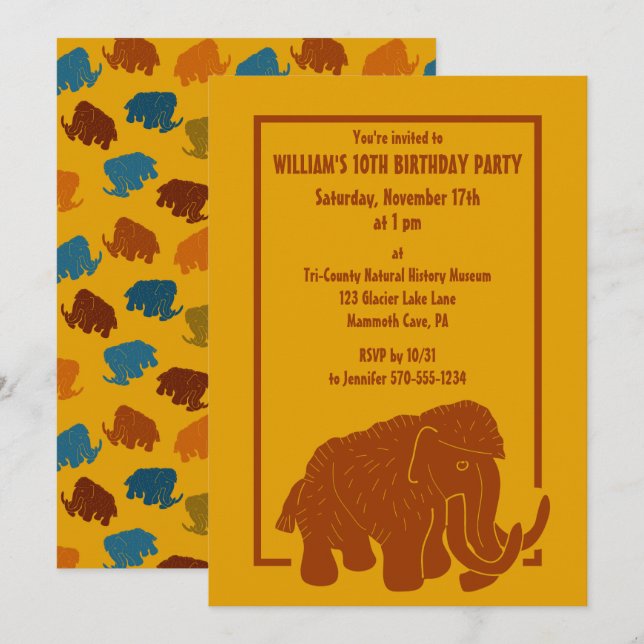 Rust & Gold Cartoon Woolly Mammoth Birthday Party Invitation (Front/Back)