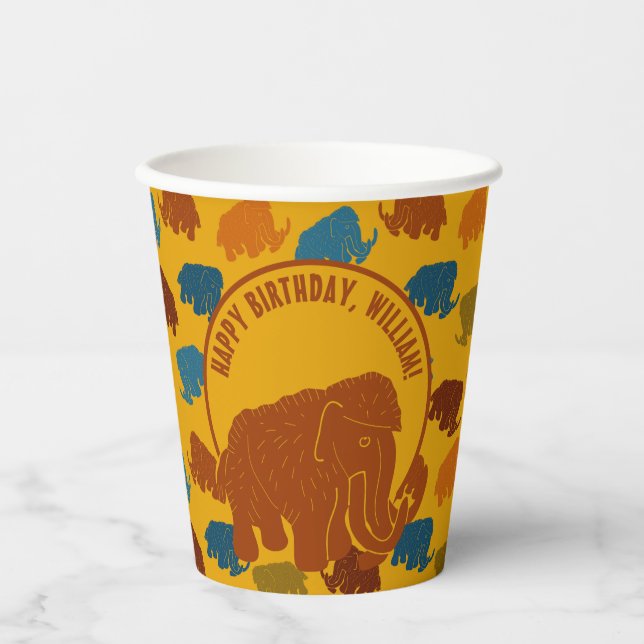 Rust & Gold Cartoon Woolly Mammoth Personalized Paper Cups (Front)