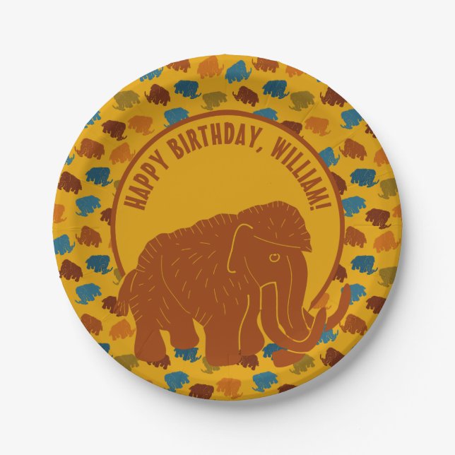 Rust & Gold Cartoon Woolly Mammoth Personalized Paper Plates (Front)