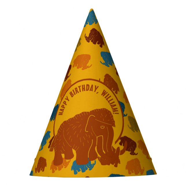 Rust & Gold Cartoon Woolly Mammoth Personalized Party Hat (Front)