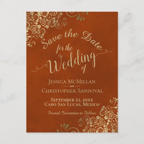 Rust  Gold Chic Calligraphy Wedding Save the Date Announcement Postcard