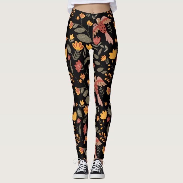Rust Gold &Green Flowers & Birds on Black Leggings (Front)