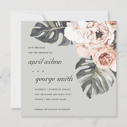 RUST GREY MOSTRERA FLORAL SAVE THE DATE CARD