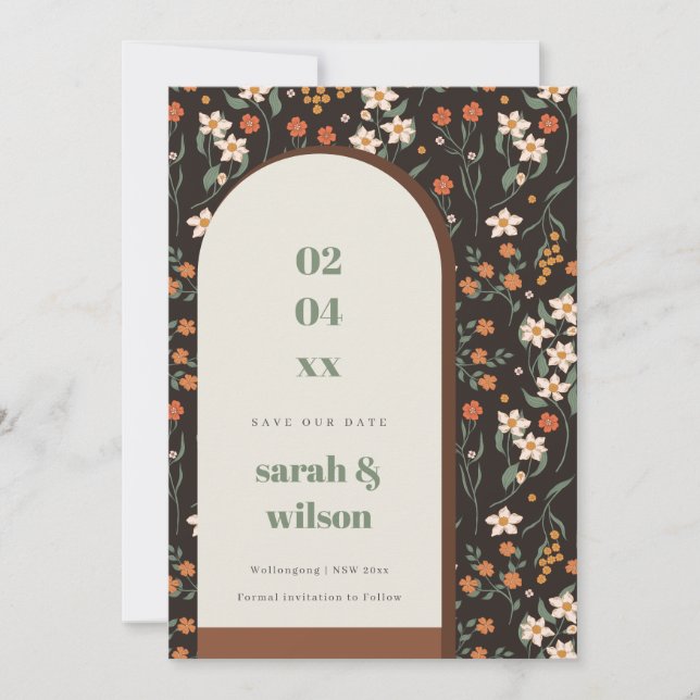 Rust Groovy Retro Arch Floral Save The Date Card (Front)