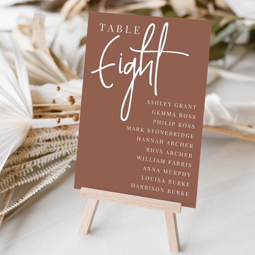 Rust Hand Scripted Table EIGHT  Guest Names Table Number