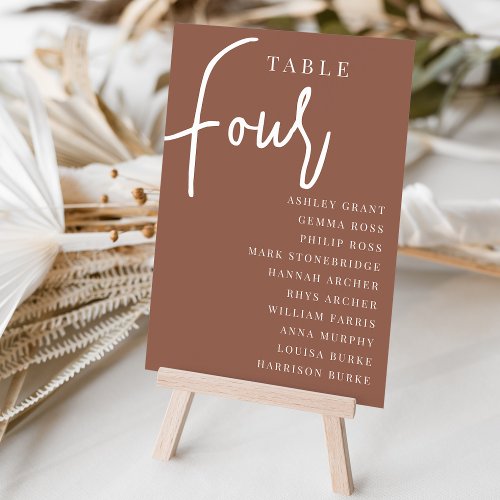 Rust Hand Scripted Table FOUR  Guest Names Table Number